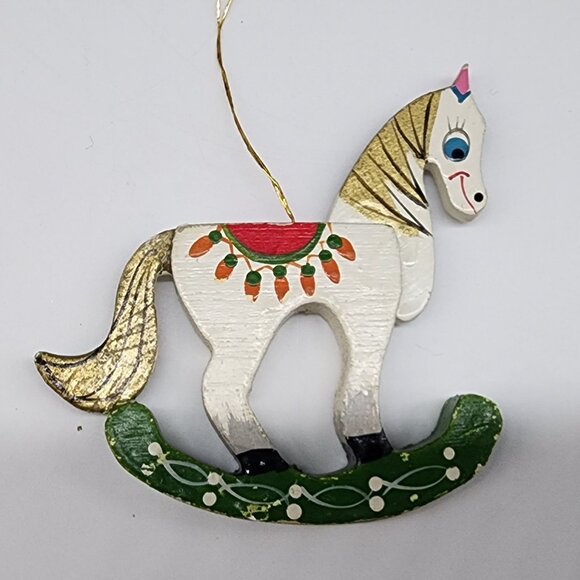 Vintage Wooden Rocking Horse Christmas Ornament 3.75" Hand Painted - Picture 1 of 6
